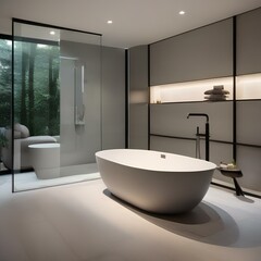 A minimalist bathroom with a freestanding tub, glass shower, and natural stone accents2