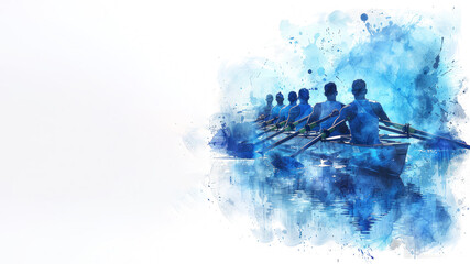 Blue watercolor paint of sport teamwork in rowing team in a boat game