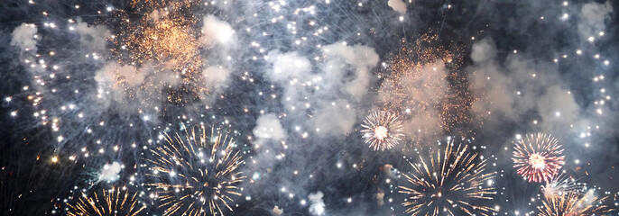 Banner blue Firework celebrate anniversary happy new year 2024, 4th of july holiday festival....