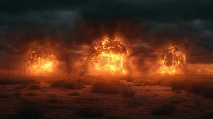 A field of fire with three large explosions in the distance