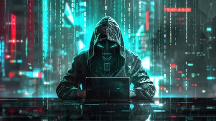 hacker man in a hood with his laptop sitting at a table with binary code in the background,Generative AI
