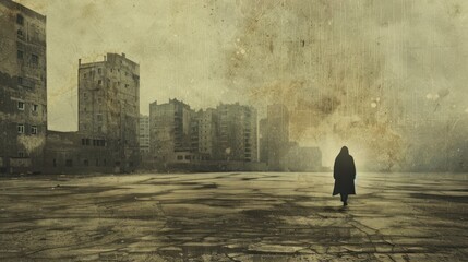 A man walks alone in a desolate city street