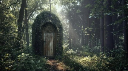 A small hut with a wooden door sits in a forest