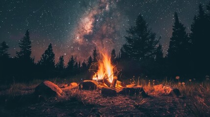A fire is burning in a wood pile in the woods