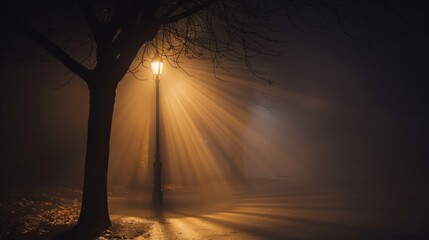 A tree is lit up by a street light in the fog