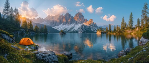 Beautiful mountain landscape with lake and orange tent at sunrise, sunny day in the alps.