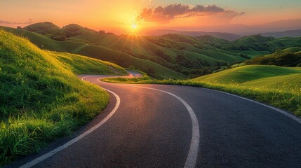 Beautiful road in the green hills at sunset, winding asphalt country highway through beautiful landscape with clouds and sun rays, spring nature.