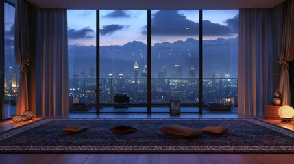 The interior of the apartment from the top floor is a luxuriously carpeted room, with nighttime city views from large expansive glass windows.