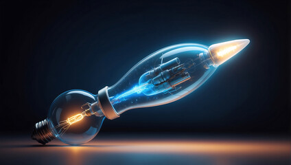 A close up of a combination of a light bulb with a rocket, realistic 3D render on a dark light background