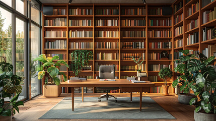 A home office with a sleek desk, ergonomic chair, and bookshelves filled with books.