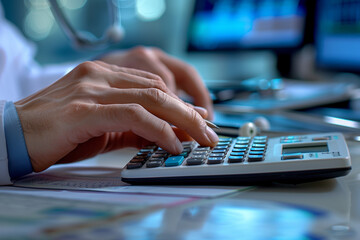 Modern doctor calculates medical costs. Sleek workspace, patient chart nearby. Professional & efficient. healthcare cost or medical bills concept.