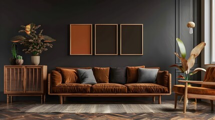 Warm-toned living room with a mid-century modern sofa beside a textured wooden cabinet, backed by a dark wall featuring striking poster frames.