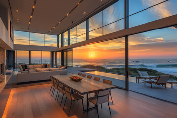 Coastal Dining Area with Modern Minimalist Style and Eco-Friendly Design, Featuring Panoramic Ocean Views in Soft, Neutral Colors