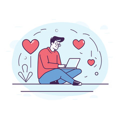Male character enjoying online dating, finding love through laptop, hearts floating around symbolizing romance, casual clothes, blue jeans red sweater, glasses, sitting tech user, happy youthful