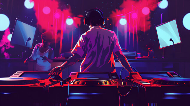 A cool DJ in a club spins records and creates a great atmosphere for the party people. - Powered by Adobe