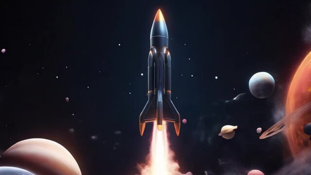 Flying rocket with planets in space nebule Start Up