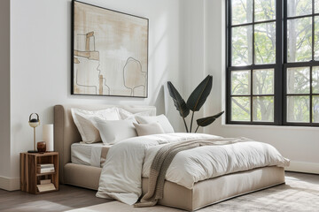 Sleek bedroom with a large bed, framed art mockup on the wall above it in the style of, neutral color palette of white and beige, black window frames