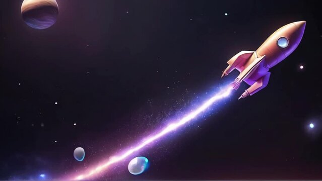Flying rocket with planets in space nebule Start Up