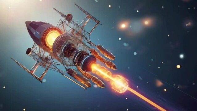 Flying rocket with planets in space nebule Start Up