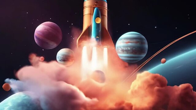 Flying rocket with planets in space nebule Start Up