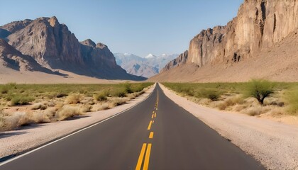 A remote desert road bordered by rugged mountains upscaled 4