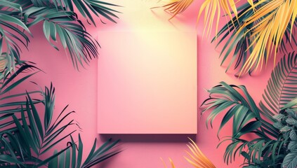 Minimalist pink and yellow background with square blank box surrounded by tropical leaves.