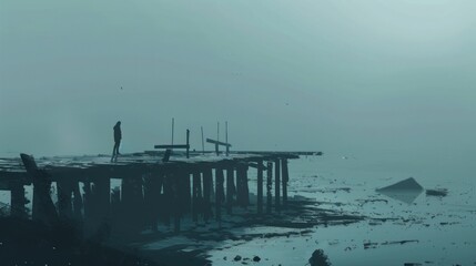 A person stands on a pier in the fog