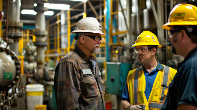 A group of factory workers having a technical meeting in a busy manufacturing plant with industrial equipment.