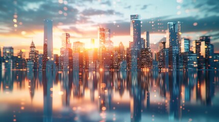 Modern city skyline with glass buildings and reflection on the water surface, sunset light in the sky, abstract background for business concept. - Powered by Adobe