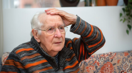 portrait of an elderly man confused and concerned about memory loss. Alzheimer awareness concept. - Powered by Adobe