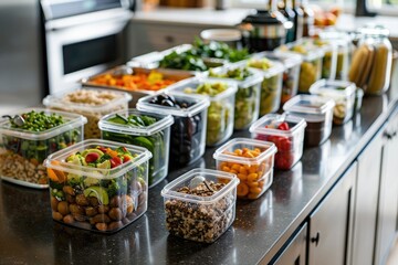 Various transparent meal prep containers filled with an assortment of healthy foods including fruits, vegetables, and grains, neatly arranged on a kitchen counter.