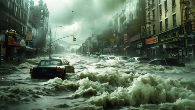 Tsunami waves, vast ocean An impending disaster The waves hit the shore gently. Obscuring storms occur beneath the surface of the water.