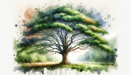 Rendition Stock _ Watercolor Illustration #0000004A _ Majestic Watercolor Oak, Vivid Greens & Earth Tones in an Artistic Rendition