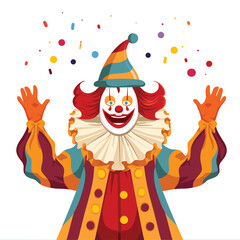 Cheerful clown character performing, wearing colorful costume, makeup, red nose, jubilant expression, party confetti. Joyful circus performer illustrated, entertains children, amusing, vibrant