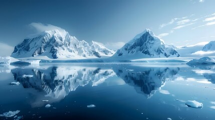 Antarctica with icebergs and snowcovered mountains, reflections in the water, light blue color theme.