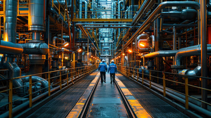 Two engineers in safety gear walk through the complex infrastructure of a busy chemical processing plant.