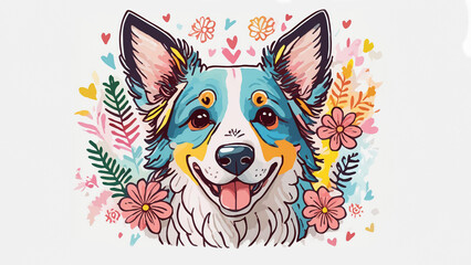 sheepdog in colorful floral rainbow  wallpaper background