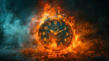 Wallpaper of an alarm clock on fire with smoke, dark background, concept in the style of copy space high resolution photography.