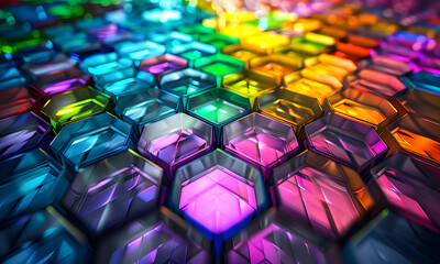 Stained-glass geometric hexagon shape full color. crystal hexagon background. - 808455637