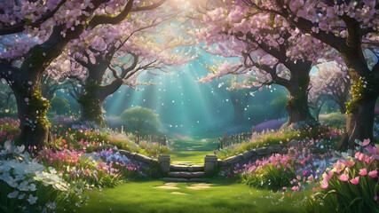 Beautiful enchanted landscape. Fantasy garden background. Magic meadow with spring blooming trees. Round frame with copy space in the middle - Powered by Adobe