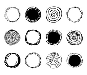 Set of hand drawn scribble circles. Black circular design elements on transparent background.