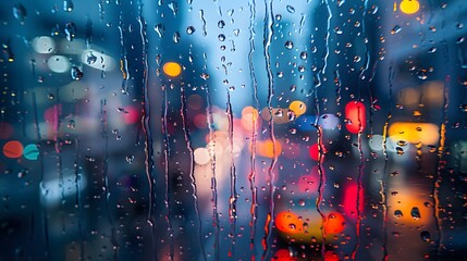 A blurred cityscape seen through the raindrops on an outdoor window, with lights reflecting in puddles and wet surfaces.