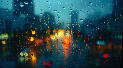 A blurred cityscape seen through the raindrops on an outdoor window, with lights reflecting in puddles and wet surfaces. - Powered by Adobe