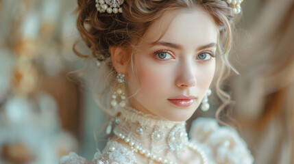 A beautiful woman who looks like a princess in light Victorian clothes. an elegant lady in a lace dress embroidered with pearls.