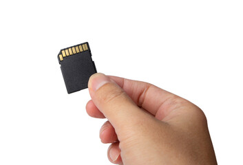 Hand holding SD card on white background.
