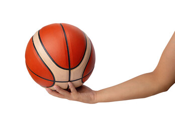 Man hand holding a basketball isolated on white background with clipping path