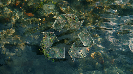 A picture of a recycling symbol in a body of water