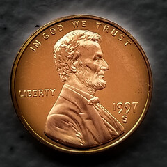 One-cent U.S. coin. Money.