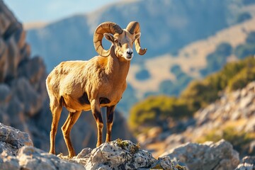 Majestic Urial Ram Standing on Rocky Mountainside - Powered by Adobe