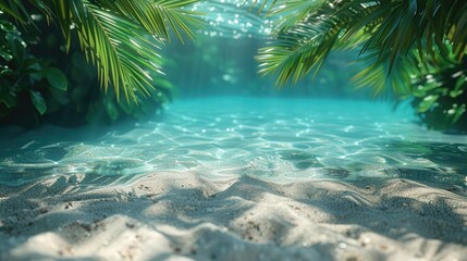 Blue water surface with tropical plants leaf shadow